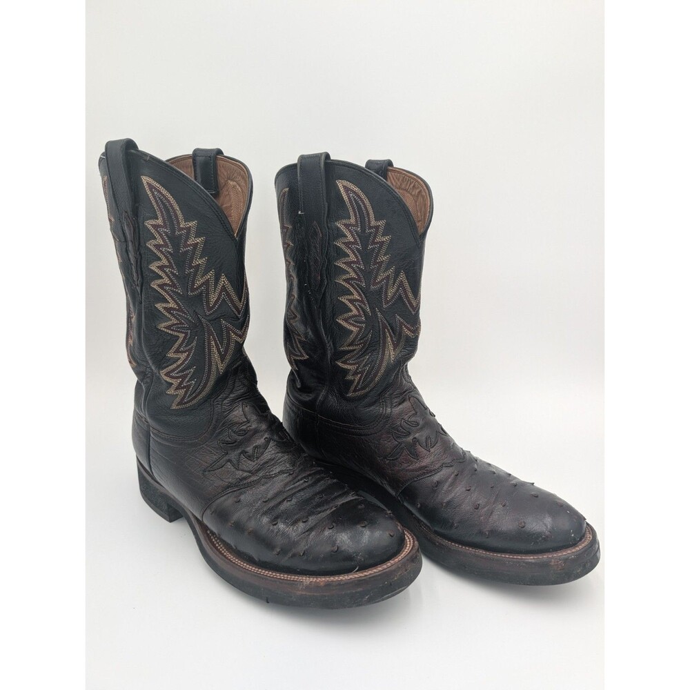 Lucchese 2000 Men 10.5D Black Cherry Ostrich Leather Western Cowboy Roper Boots.